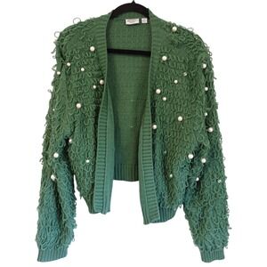 Vintage Y2K Green Loop Knit Pearl Embellished Open Cardigan XL Shaggy Sweater